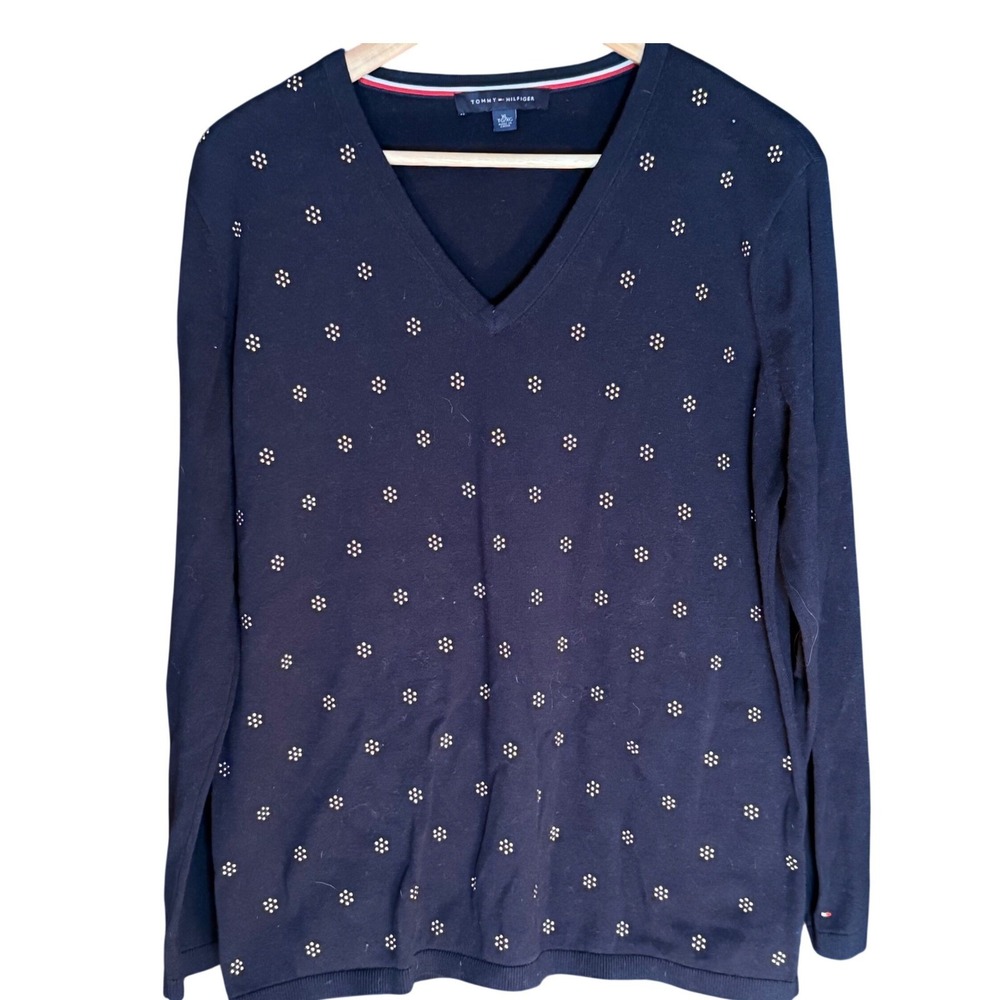 Tommy Hilfiger Womens Navy Blue V Neck Sweater All Over Dot Pattern Size XL
